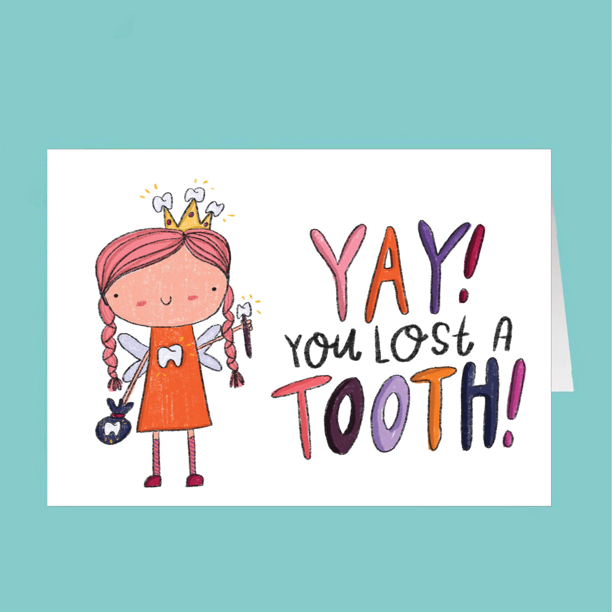 Cartoon girl with a tooth fairy outfit and 'Yay! You lost a tooth!' text on a teal background