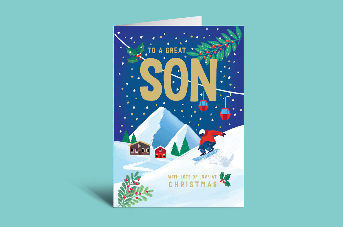 Christmas card for a son with a skier and festive elements on a blue background