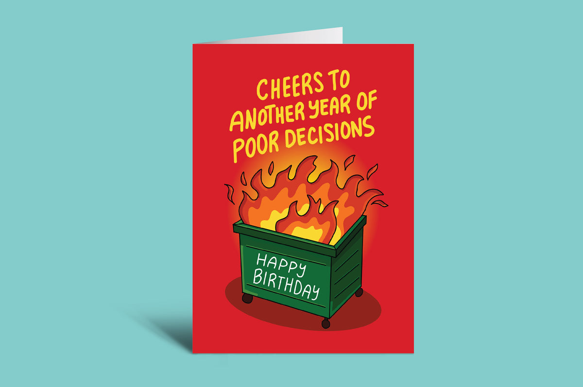 Birthday card with a trash bin illustration and humorous text on a green background