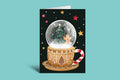 Greeting card with a snow globe design featuring a Christmas tree and gingerbread man inside, on a black background with colorful stars.