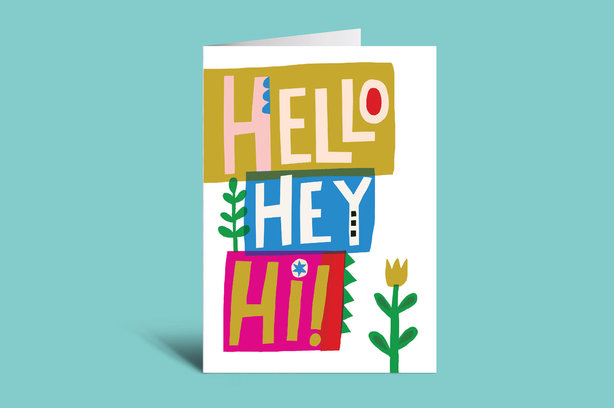 Colorful greeting card with 'Hello', 'Hey', and 'Hi!' text on a green background