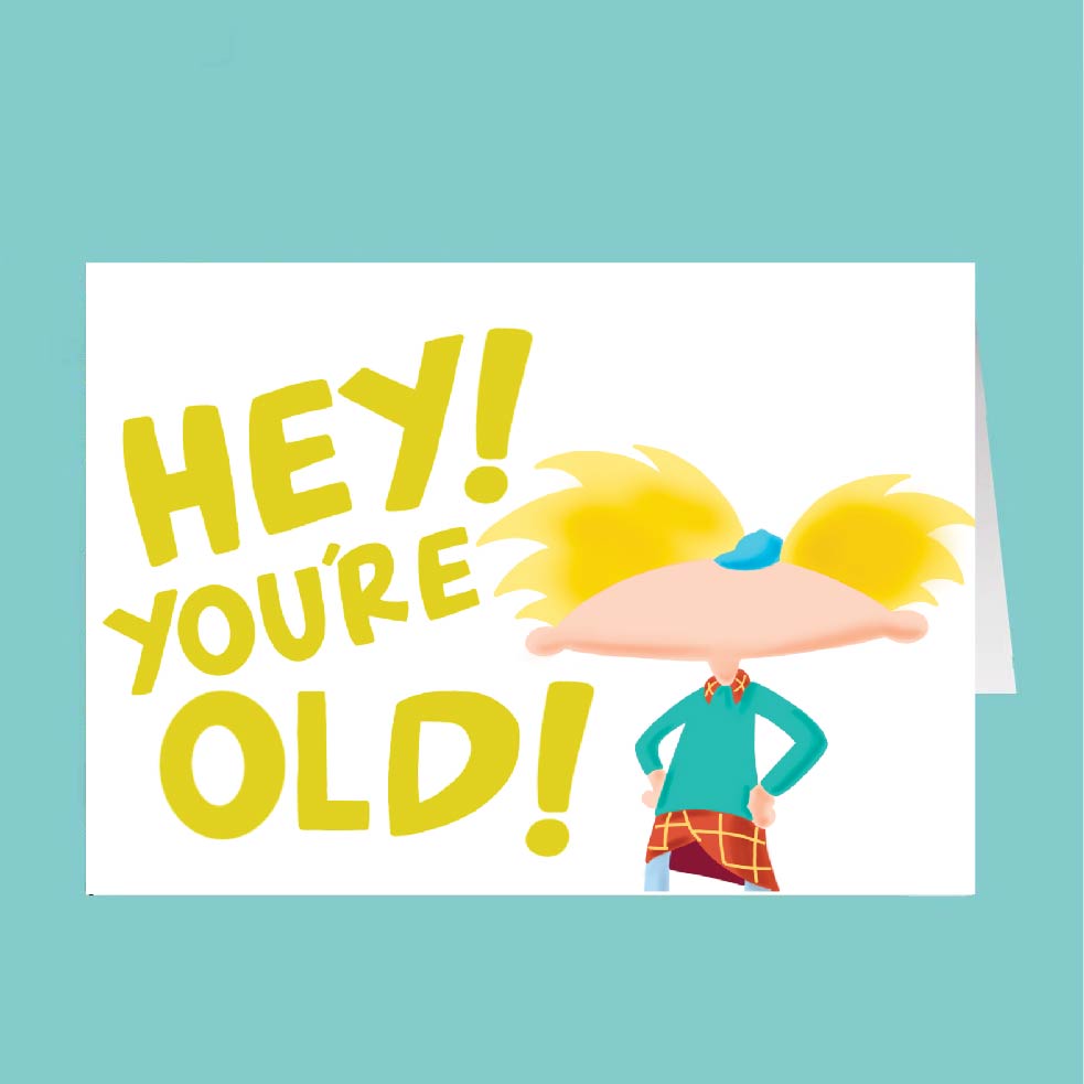 Cartoon character with text 'HEY! YOU'RE OLD!' on a teal background