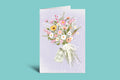 Greeting card with a bouquet of flowers and text on a light purple background