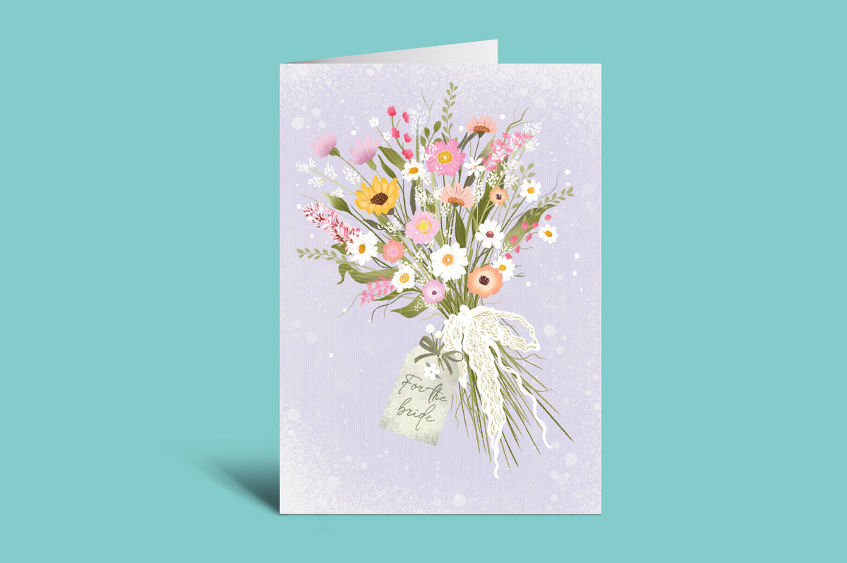 Greeting card with a bouquet of flowers and text on a light purple background