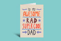 Card with colorful text 'To my awesome rad super cool dad' on a green background
