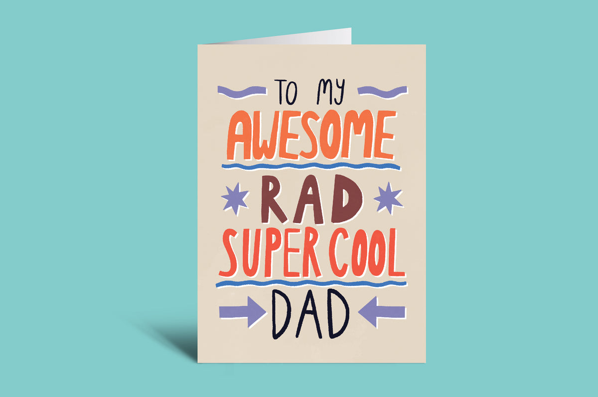 Card with colorful text 'To my awesome rad super cool dad' on a green background