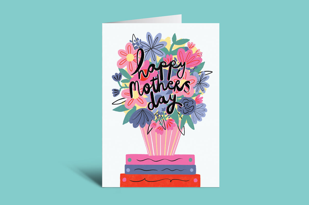 Colorful 'Happy Mother's Day' card with flowers and books on a green background