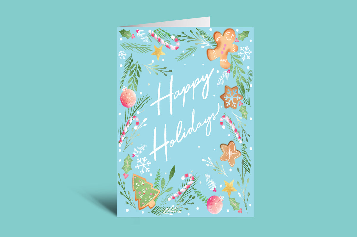 Christmas-themed greeting card with decorative elements on a green background