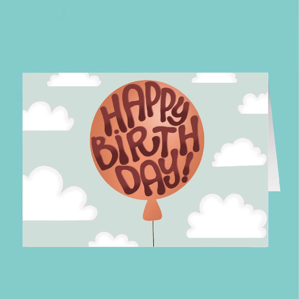 Happy Birthday balloon card with clouds on a blue background