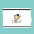 Graduation-themed greeting card with toast illustration on a teal background