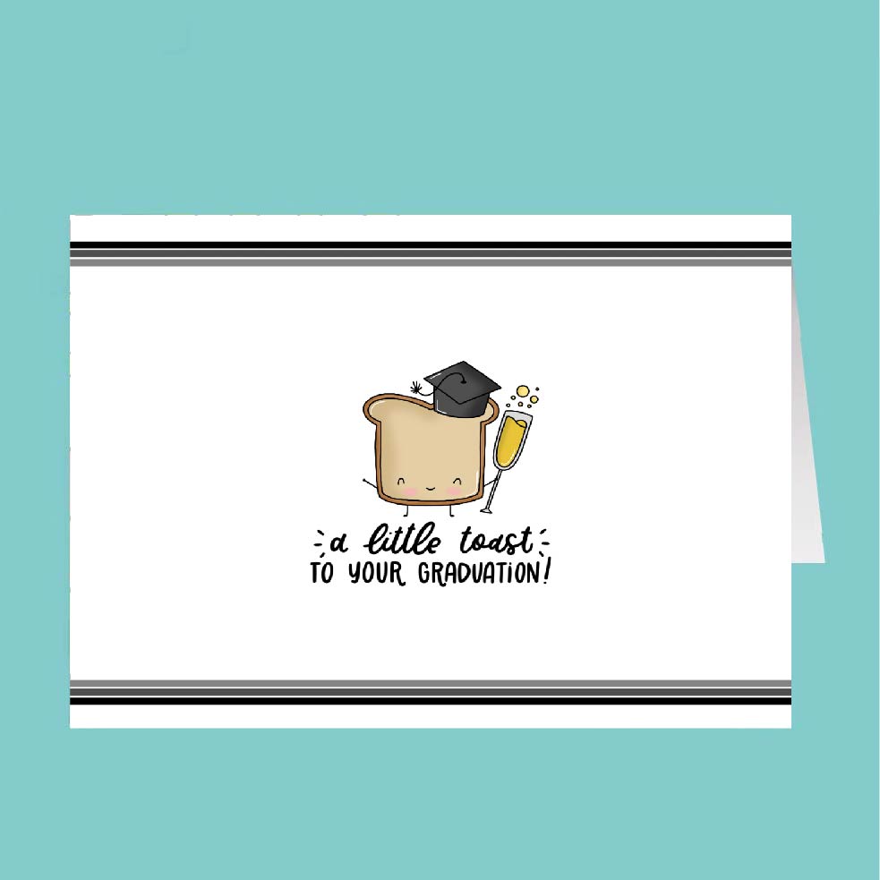 Graduation-themed greeting card with toast illustration on a teal background