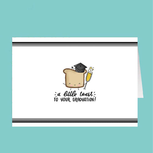 Graduation-themed greeting card with toast illustration on a teal background