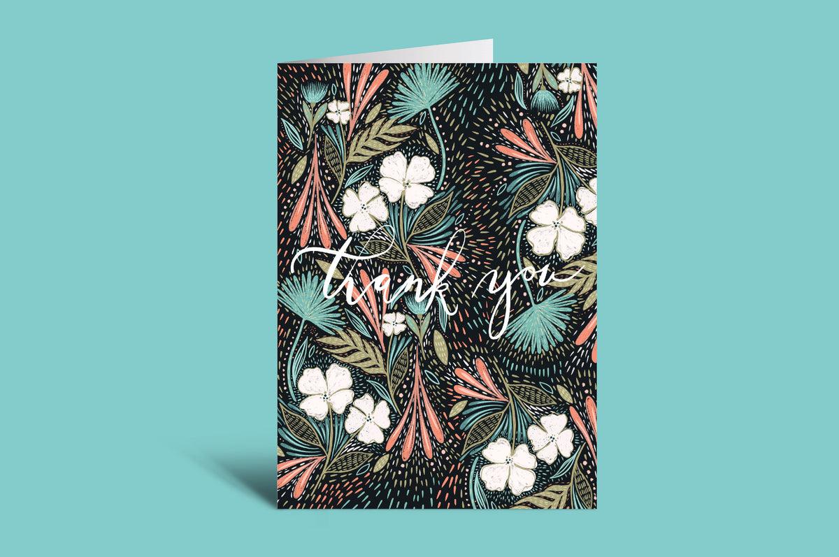 Greeting card with floral design and 'Thank you' text on a teal background