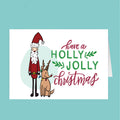 Cartoon Santa Claus and dog with 'Holly Jolly Christmas' text on a teal background