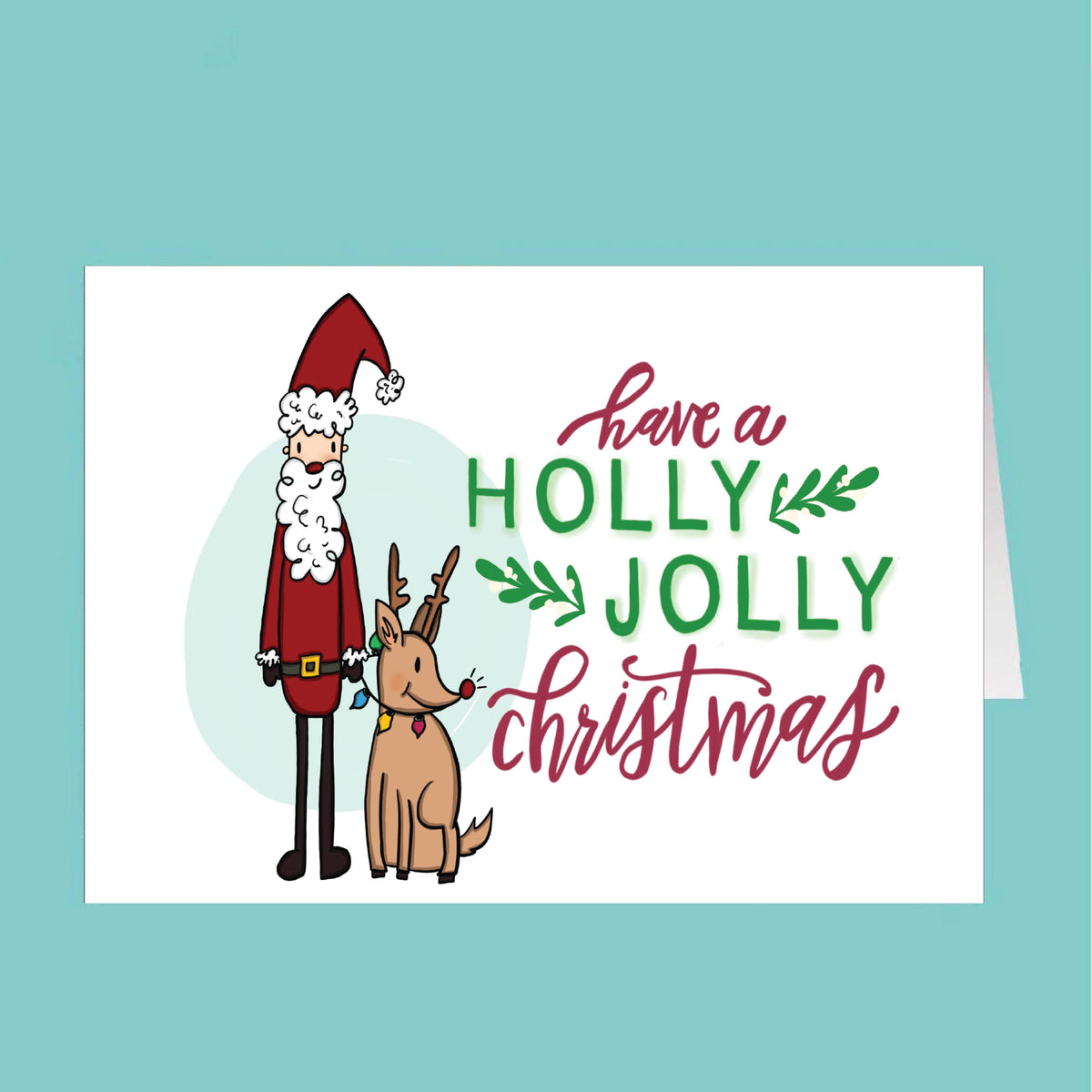 Cartoon Santa Claus and dog with 'Holly Jolly Christmas' text on a teal background