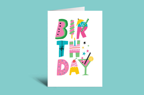 Colorful birthday-themed greeting card on a green background