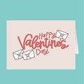 Valentine's Day card with 'Happy Valentine's Day' text and heart designs on a light pink background.