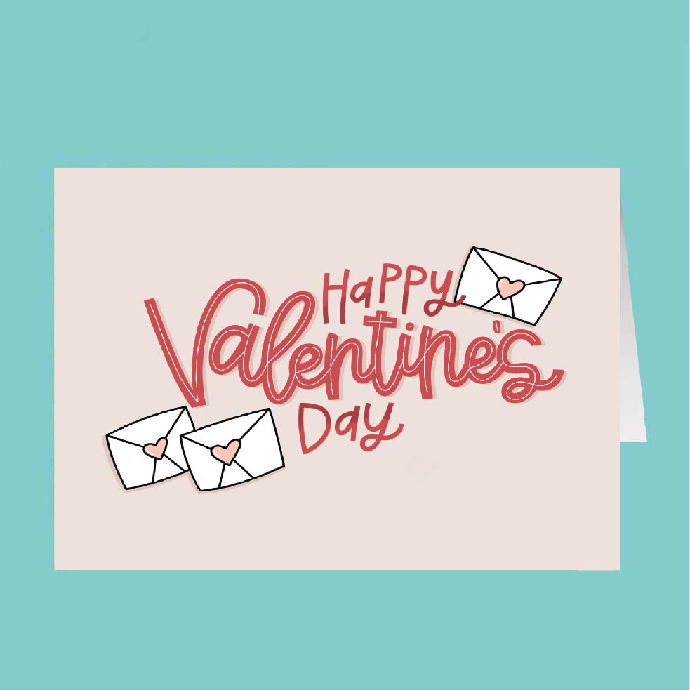 Valentine's Day card with 'Happy Valentine's Day' text and heart designs on a light pink background.