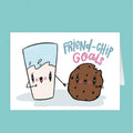 Cartoon illustration of a milk cup and cookie holding hands with 'Friend-Chip Goals' text on a teal background.