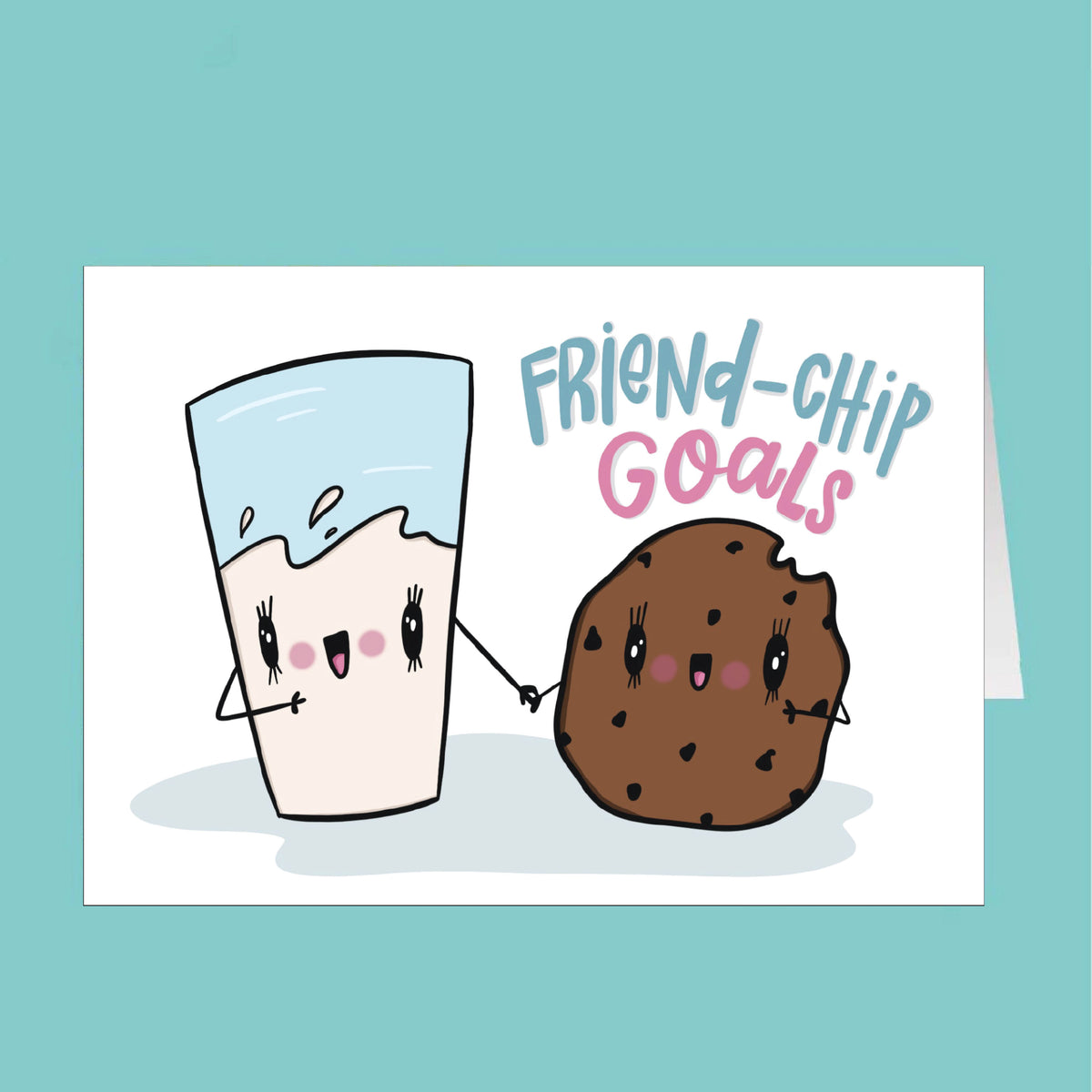 Cartoon illustration of a milk cup and cookie holding hands with 'Friend-Chip Goals' text on a teal background.