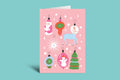 Pink greeting card with festive illustrations on a green background