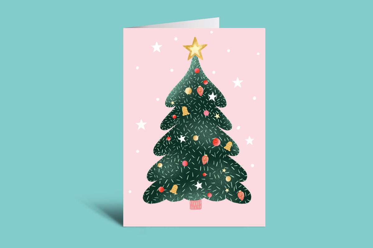 Christmas tree card with colorful decorations on a pink background