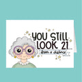 Card with cartoon grandma illustration and humorous text on a teal background