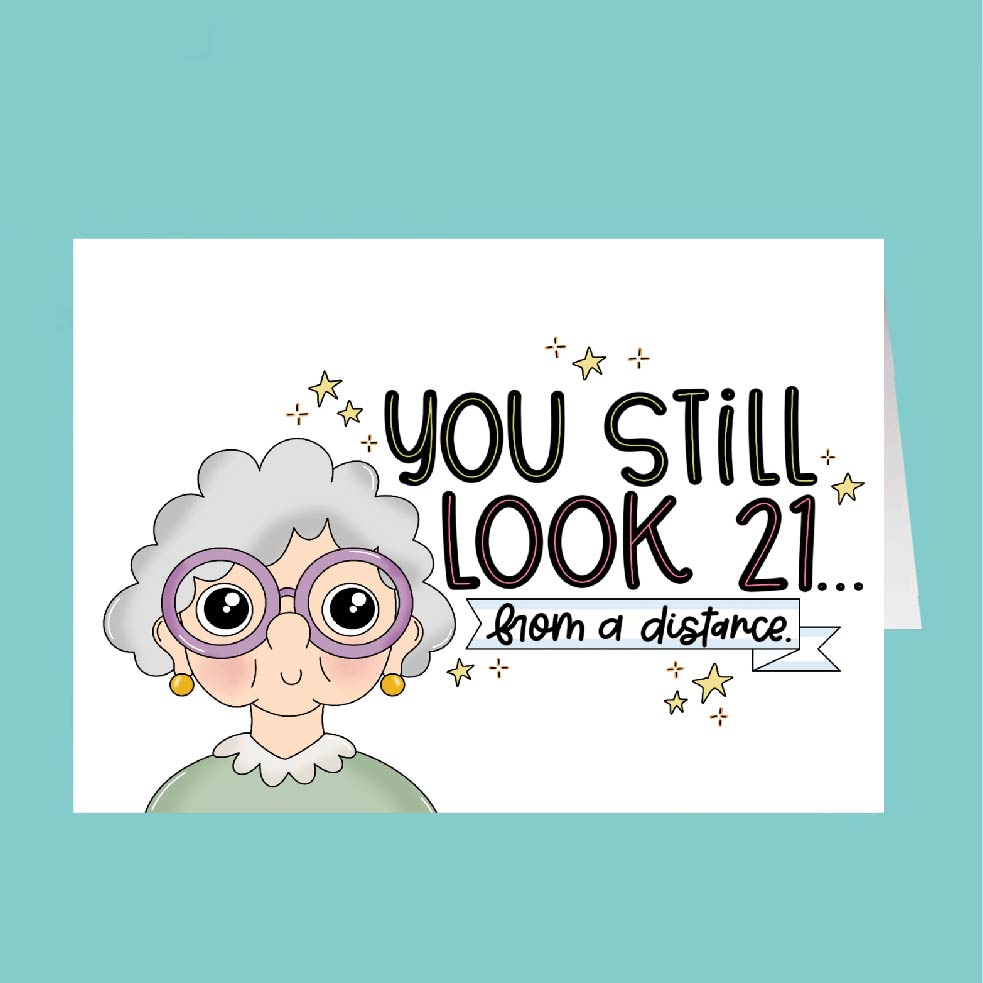 Card with cartoon grandma illustration and humorous text on a teal background
