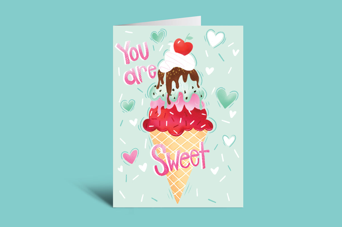 Greeting card with ice cream cone and 'You are sweet' text on a green background