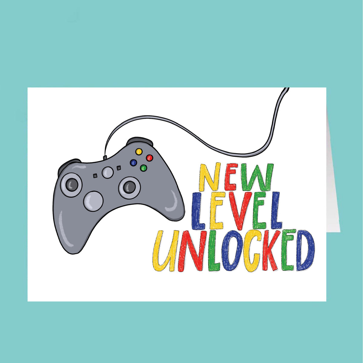 Greeting card with a gaming controller and 'New Level Unlocked' text on a teal background