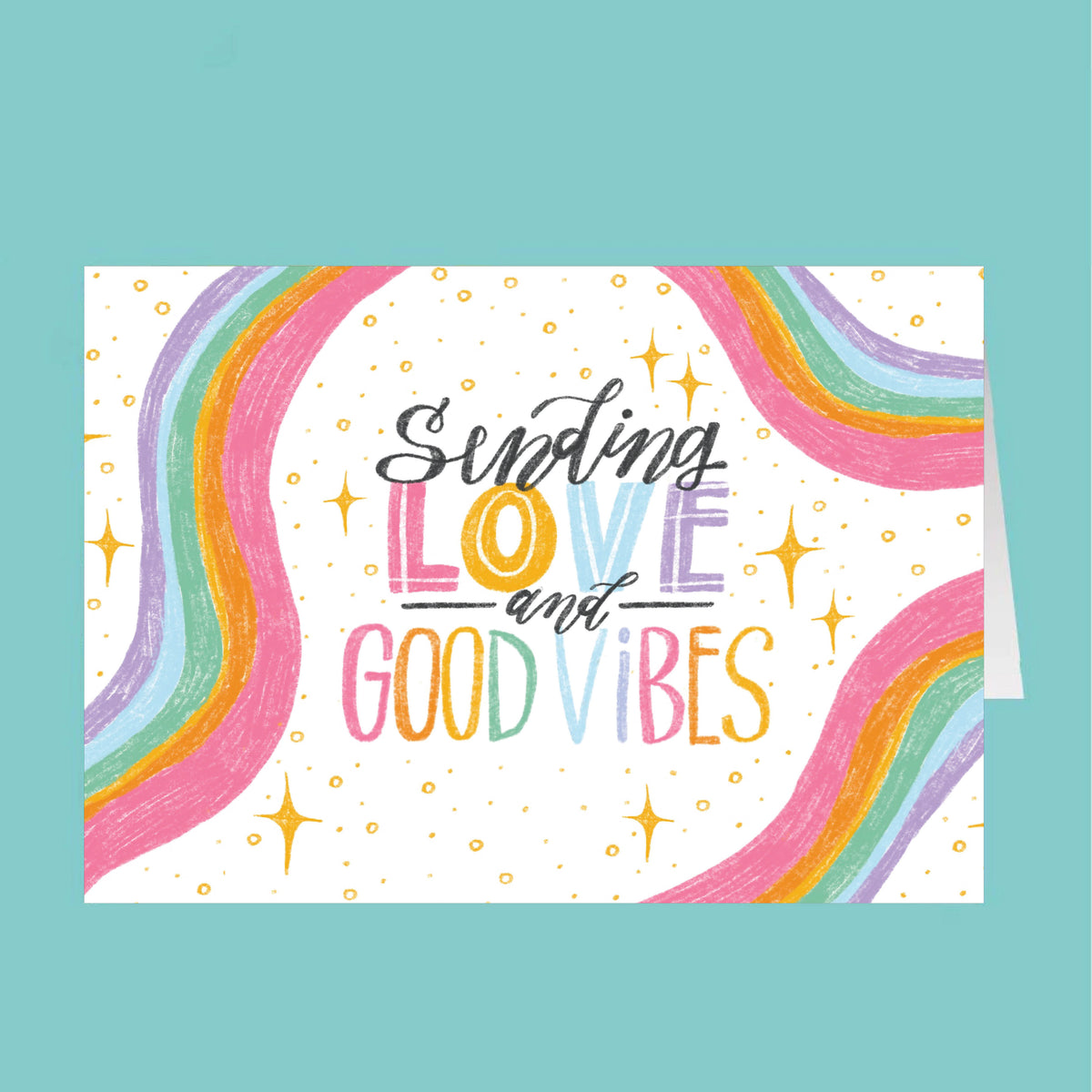 Card with 'Sending Love and Good Vibes' text on a colorful abstract background