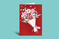 Card with a bouquet of flowers and hearts on a red background