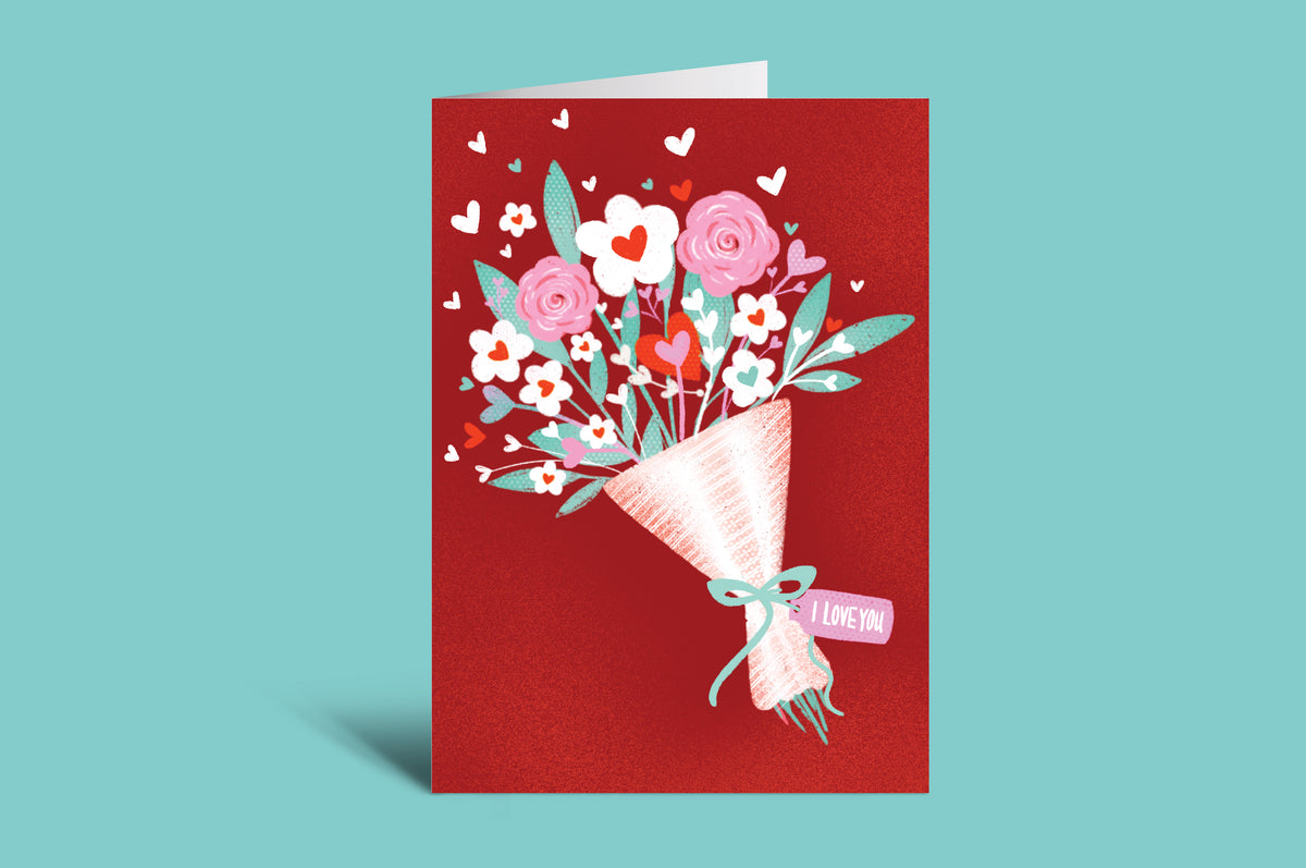Card with a bouquet of flowers and hearts on a red background