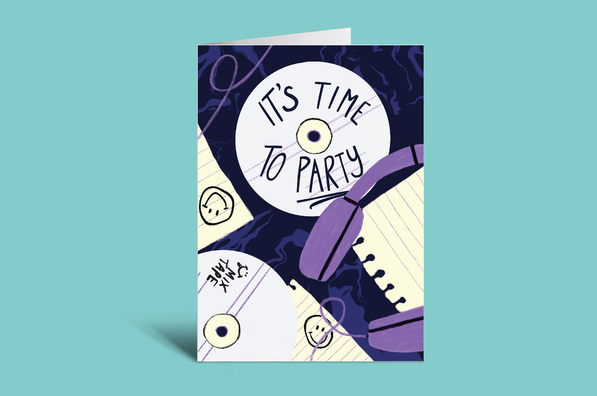 Greeting card with 'It's Time to Party' text on a blue background