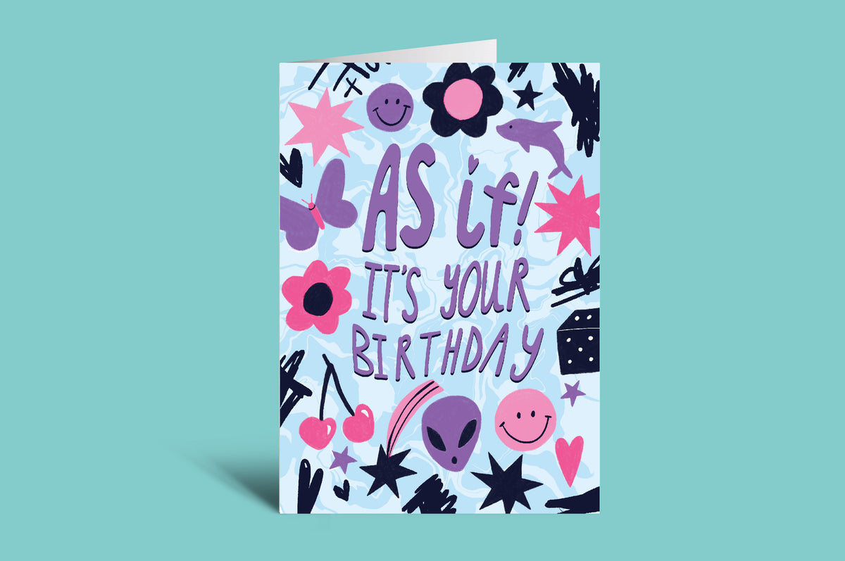 Colorful birthday card with various graphics and text on a light blue background