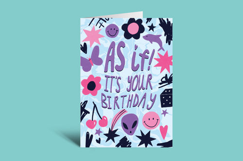 Colorful birthday card with various graphics and text on a light blue background