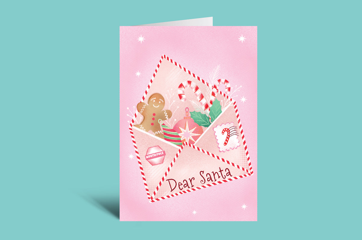 Pink Christmas card with Santa Claus, gingerbread man, and candy cane on a green background