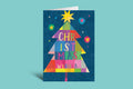 Colorful Christmas tree card with 'Christmas Wishes' text on a blue background