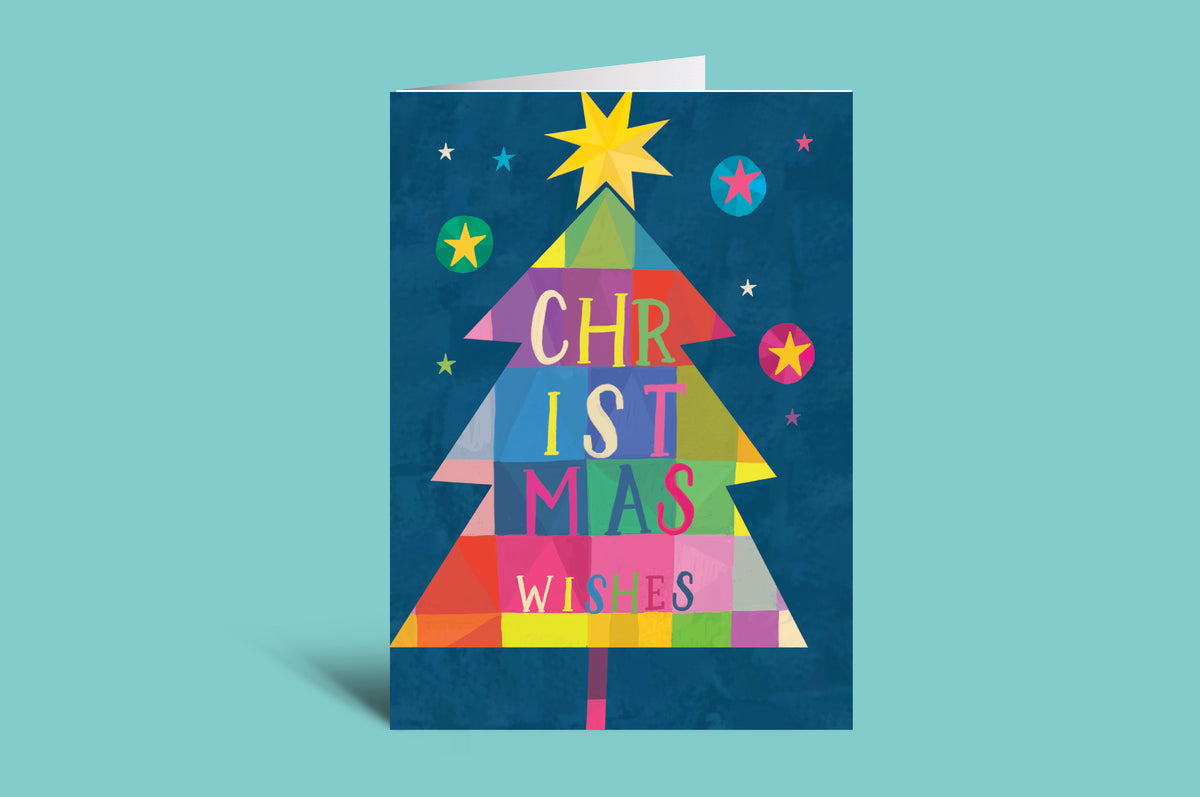 Colorful Christmas tree card with 'Christmas Wishes' text on a blue background