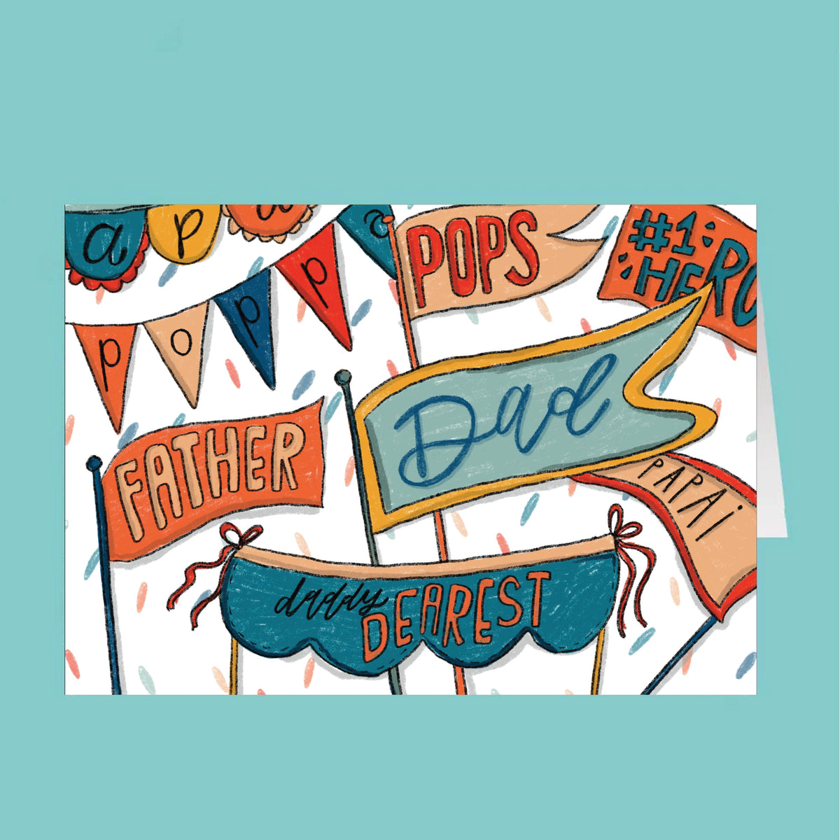 Colorful card with various 'Dad' and 'Pops' themed flags on a white background.