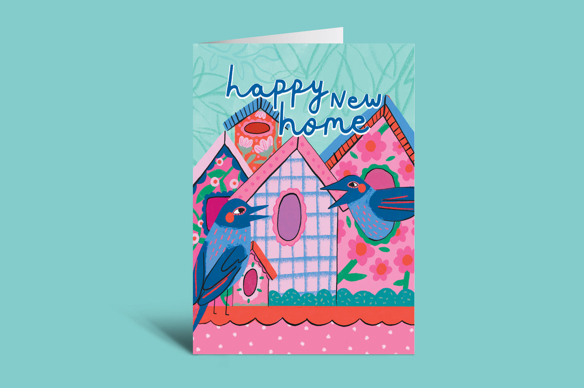 Greeting card with birdhouse and birds design on a teal background