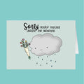 Card with a cloud holding flowers and text 'Sorry, you're feeling under the weather' on a light blue background