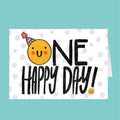Cartoon character with a party hat and 'ONE HAPPY DAY!' text on a polka dot background