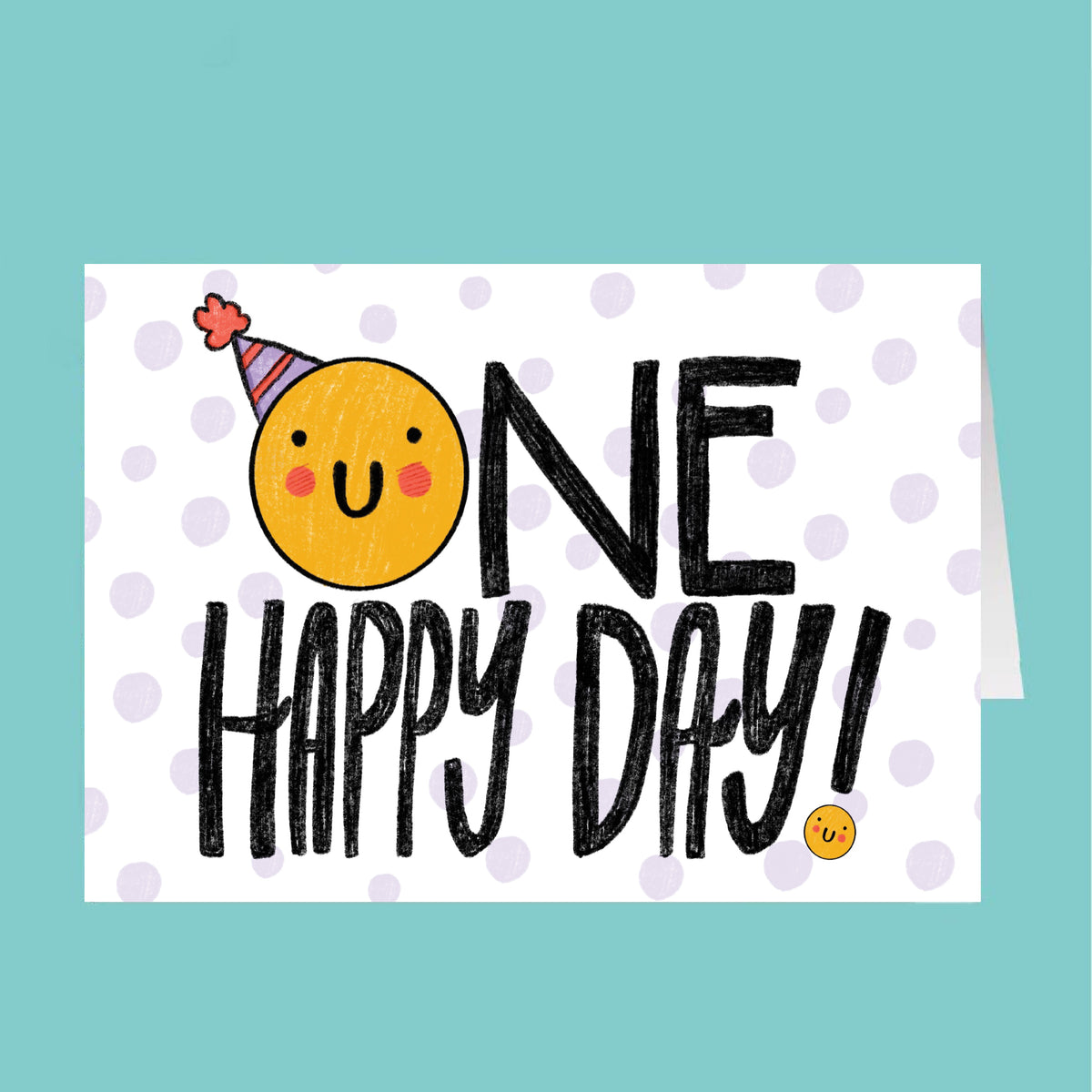 Cartoon character with a party hat and 'ONE HAPPY DAY!' text on a polka dot background