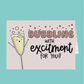 Card with a cartoon champagne glass and text 'Bubbling with excitement for you!' on a light blue background.