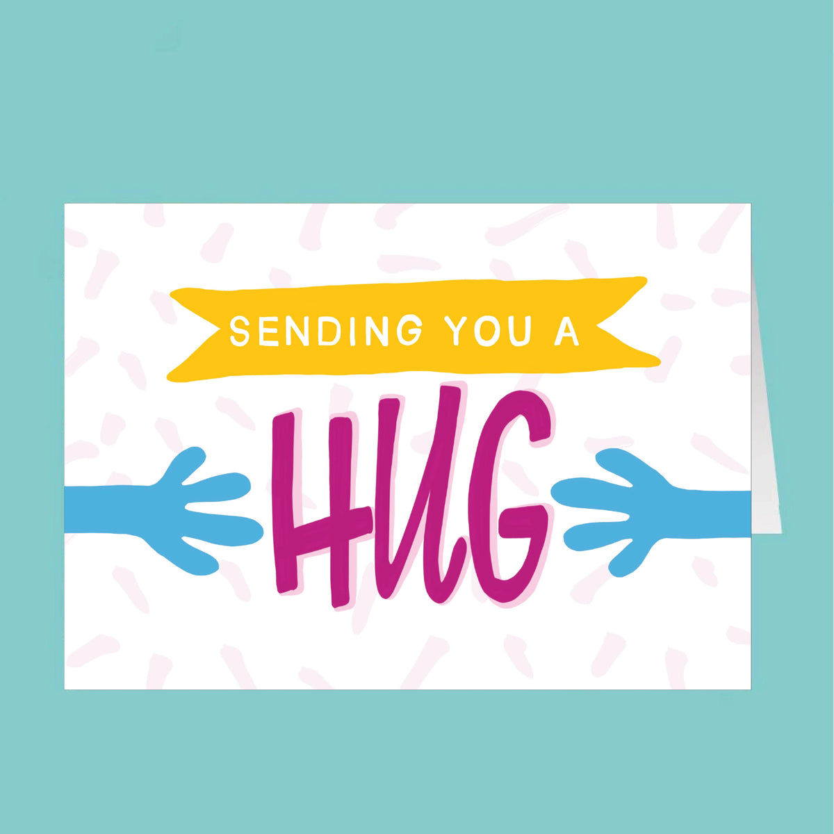 Card with 'Sending You a Hug' text and hand illustrations on a teal background