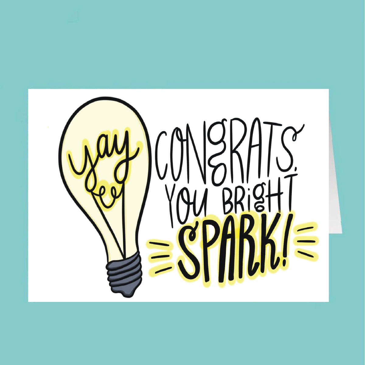 Light bulb illustration with 'Congrats, you bright spark!' text on a teal background
