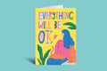 Card with a colorful illustration of a person and cat, and 'Everything Will Be OK' text on a green background