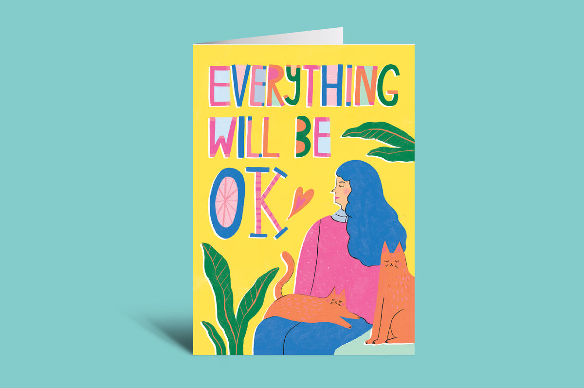 Card with a colorful illustration of a person and cat, and 'Everything Will Be OK' text on a green background