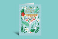 Christmas-themed greeting card with festive illustrations on a green background
